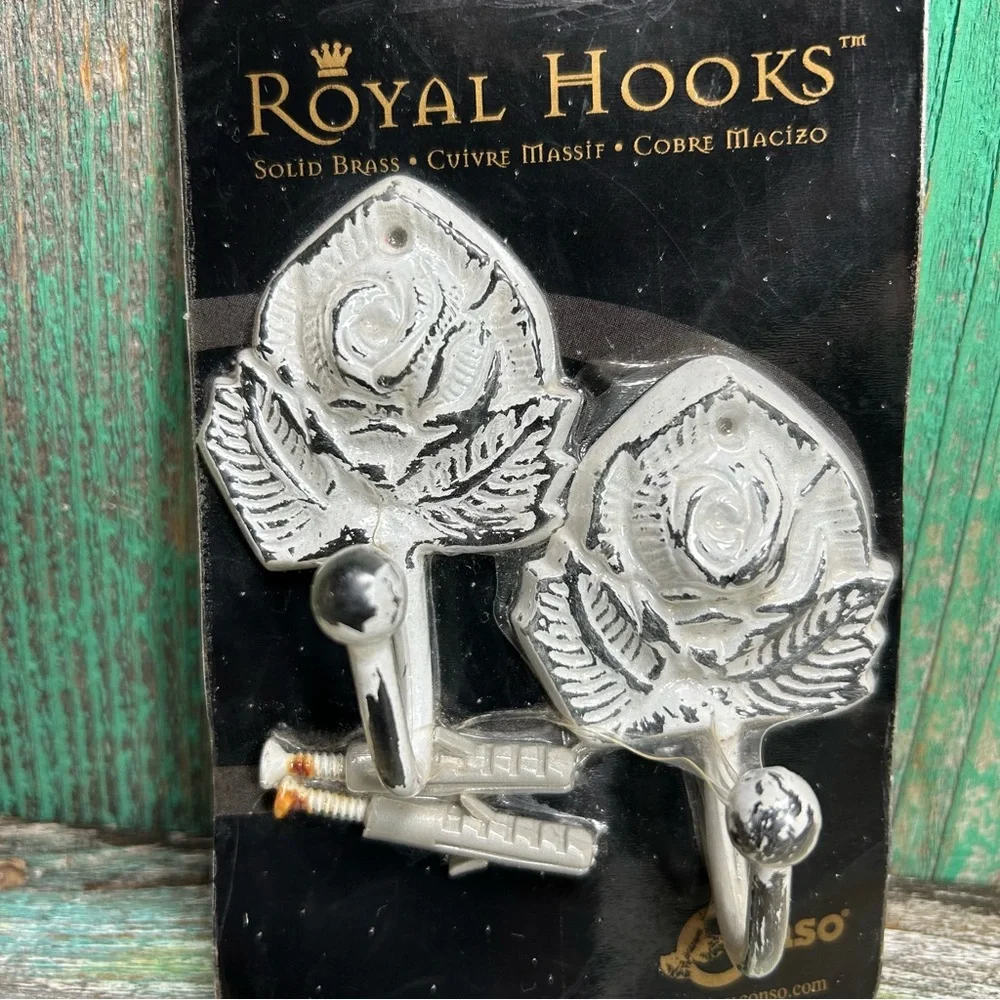 NEW (NOS) In Package WALL HOOKS Solid Brass Rose-Shaped Vintage Distressed